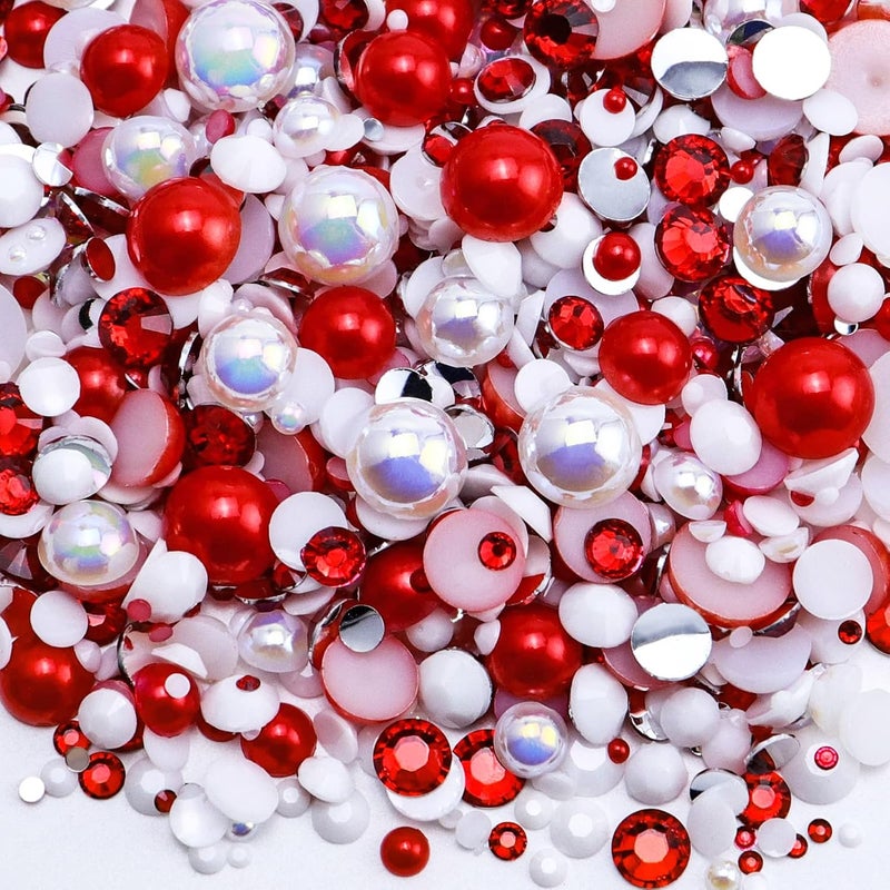 Briskbloom 60g Mix Flatback Pearls and Half Pearls for Crafts, 3620PCS Red White Pearl Rhinestones for Nails Face Art Tumblers, with Tweezers Wax Pen - Image 1